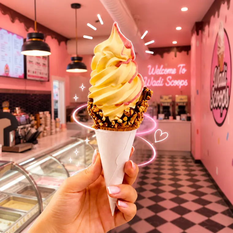Dipped soft serve cone held inside Wadi Scoops, with the Welcome To Wadi Scoops neon sign and gelato case behind