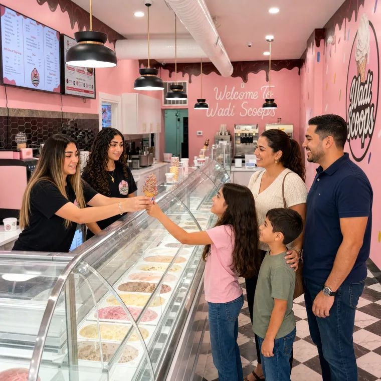 A family being handed a sprinkle cone over the gelato case at Wadi Scoops