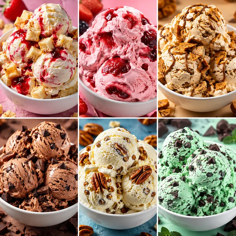 Six Wadi Scoops flavors — strawberry shortcake, strawberry swirl, cookie butter, chocolate fudge, butter pecan, and mint chip